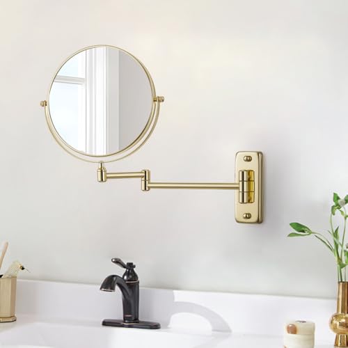 Cerdeco 8 Inch Double Sided Makeup Wall Mount Mirror with Gold Plated Finish 360 Swivel Extendable Cosmetic Shaving Mirror