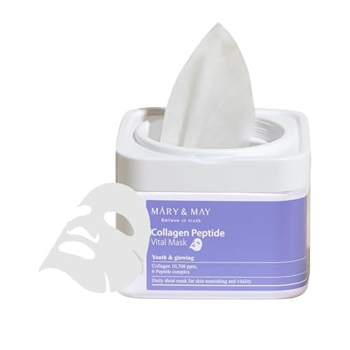 Mary&May Collagen Peptide Vital Mask (30 Sheets) ? Pull-Out Case with Hydrolyzed Collagen & 6 Peptides, Firming & Fine Line Appearance Care, Hydrating Korean Sheet Mask for Mature Skin