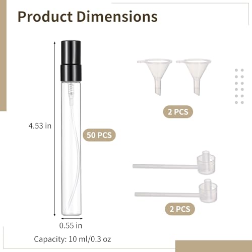 50 Pcs 10 ml Perfume Bottles - Refillable Glass Mini Spray Bottles, Portable Travel Sample Containers, Fine Mist Atomizers with Caps, Includes 2 Funnels and 2 Dispensers, Ideal for Liquids, Black