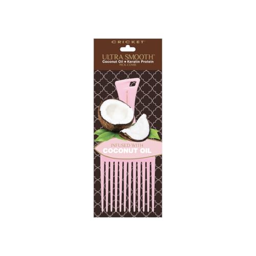 Cricket Ultra Smooth Coconut Hair Pick Comb - Infused with Coconut Oil & Keratin for Frizz-Free Shine, Volume Boost, and Gentle Detangling ? Ideal for Curly, Thick, and Textured Hair - Pink