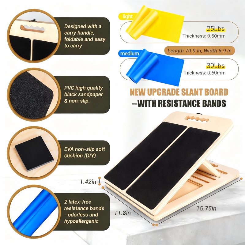 Adjustable Wooden Calf Stretching Board with Resistance Bands - Physical Therapy & Injury Prevention
