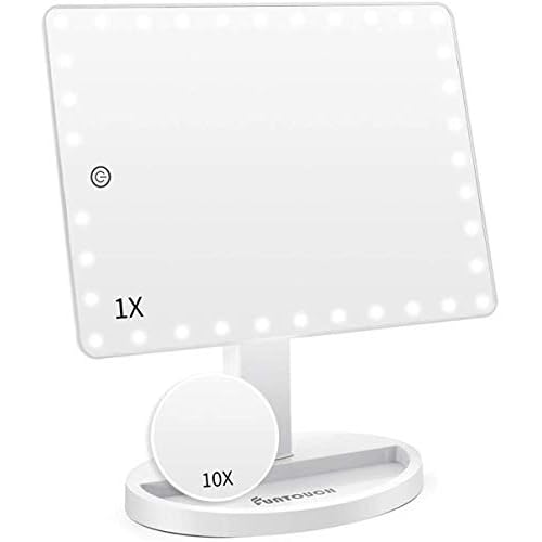 FUNTOUCH Large Lighted Makeup Mirror with Lights, Light Up Mirror with Small 10x Magnification for Desk, 360¡ÆRotation Touch Screen,Brightness Adjustable Tabletop Cosmetic Vanity Make Up Mirror
