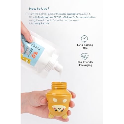 Bade Natural Refillable Cat-Shaped Sunscreen Applicator for Kids ? 3.7 fl oz (110 ml) Roll-On Bottle ? Empty, Reusable Dispenser for SPF Lotion ? Soft Applicator Tip, Travel-Friendly