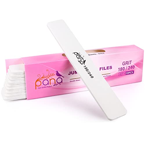 10PCS Jumbo Size PANA Professional Double Sided Nail Files - White, 180/240 Grit - Emery Board Nail Buffering File Manicure Pedicure Nail Polisher Washable