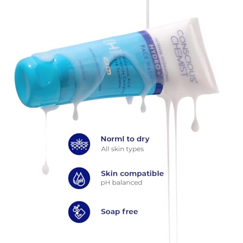 Conscious Chemist¢ç Hydro+ Gentle Face Wash for Dry Skin | 100ml | Hydrating Facial Cleanser with Hyaluronic Acid, Ceramides & Ginseng | For Smooths & Softens Skin, Non Comedogenic | Men & Women
