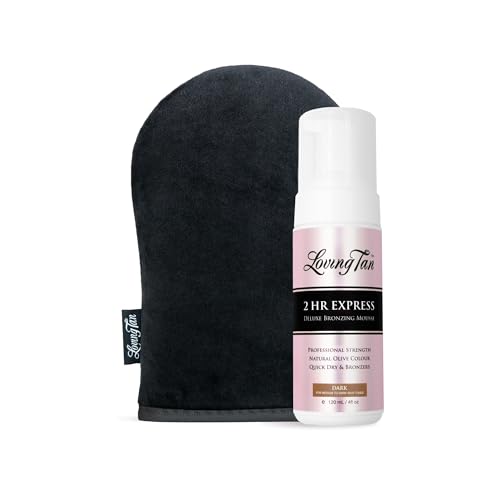 Loving Tan 2 HR Express Mousse, Dark + Mitt- Streak Free, Natural looking, Professional Strength Sunless Tanner- Up to 5 Self Tan Applications per Bottle, Cruelty Free, Naturally Derived DHA - 4 FL Oz