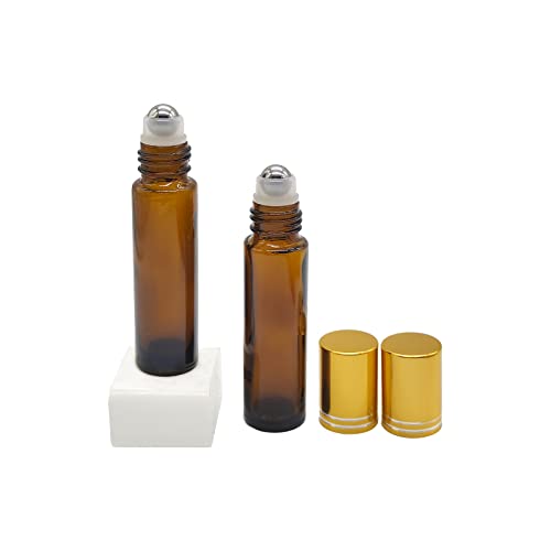 24 Pack Essential Oil Roller Bottles, 10ml Amber Glass Roll-on Bottles with Stainless Steel Roller Balls and Gold Cap