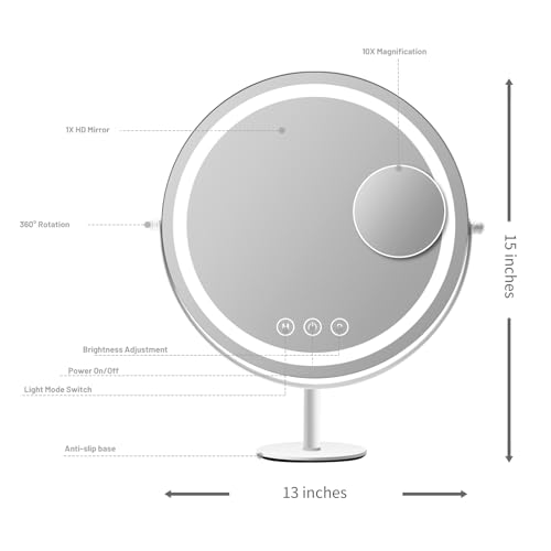 Makeup Mirror with Lights, Lighted Makeup Mirror with Magnification, 1x/10x, Large Round Vanity Mirror with Stand, 3 Color Modes, Brightness Adjustable, Smart Touch Control, 13 Inches Diameter