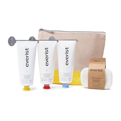 Everist The Complete Shower Kit, Strengthens & Repairs Hair, Deep Hydration & Smoothing, Shampoo, Deep Conditioner & Body Wash Concentrates, Compostable Konjac Sponge & Jute Travel Bag, 3.4 fl oz