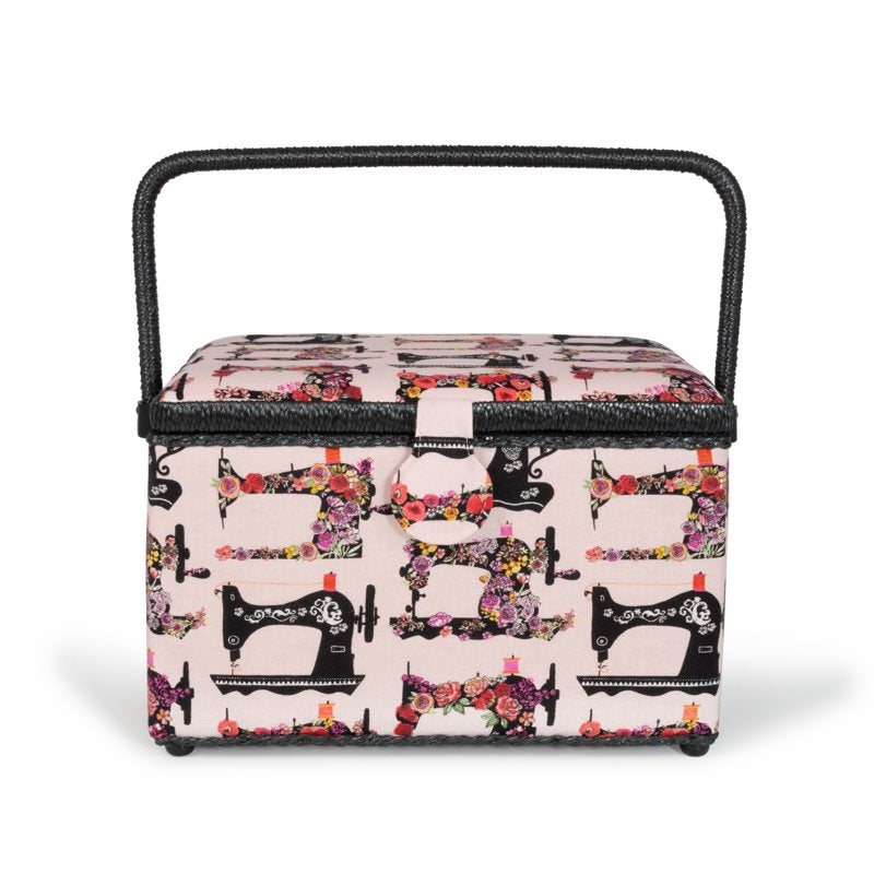 Large Pink Sewing Basket with Floral Print and Removable Tray