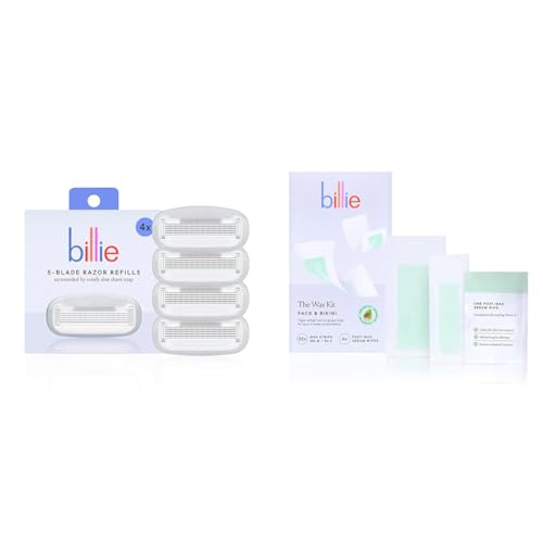 Billie Women's Razor Refill Blades 5-Blade Cartridges 4 count & Wax Kit 32 strips 6 wipes