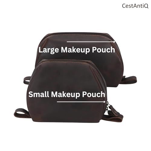 Leather Travel Makeup Bag Organizer for Women, Clear and Large Makeup Case with Brush Holders, Countertop Organizer, Large Makeup Pouch, Professional Makeup Toiletry Kit Bag (Brown)