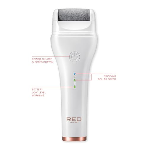 Red by Kiss Cordless Electric Foot File Callus Remover, 3 Roller Heads & 2 Speed Setting, Long and Curved Roller Head Stone, Wet & Dry Dual Purpose, Up to 2 hr Runtime, Easy & Portable