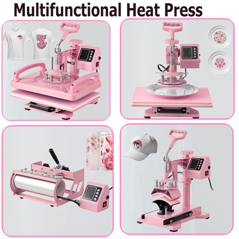 15x12 Inch Heat Press Machine for Sublimation T-Shirts Hats Mugs and Tumblers - 8-in-1 Pink