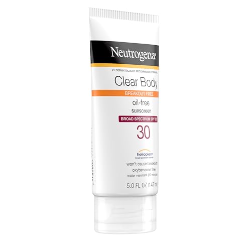 Neutrogena Clear Body Breakout-Free Liquid Sunscreen Lotion for Acne-Prone Skin, Oil-Free Sunscreen, Broad Spectrum SPF 30, Oxybenzone-Free, Fragrance-Free & Non-Comedogenic, 5 fl. oz