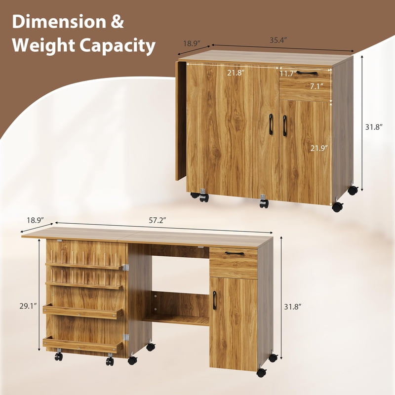 Foldable Sewing Machine Table with Storage Shelves and Lockable Wheels