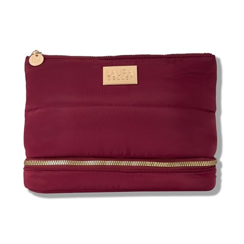 LAURA GELLER NEW YORK Quilted Makeup Bag with Brush Case, Burgundy and Complexion Brush Set: Airbrush Kabuki, Angled Blush & Bronzer Brushes