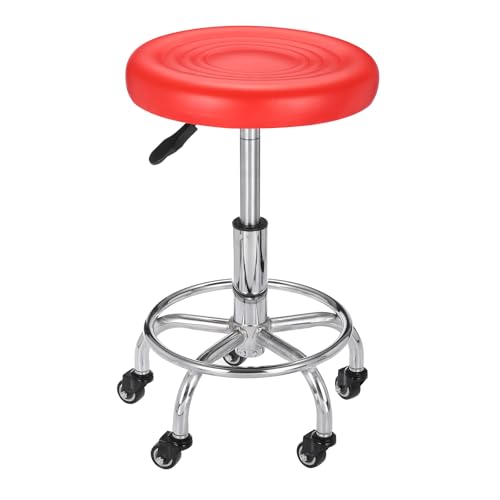 PATIKIL Adjustable Height Rolling Stool with Wheels, PU Leather Round Rolling Desk Stool for Tattoo Massage Salon Spa Salon Teach Facial Office, Red