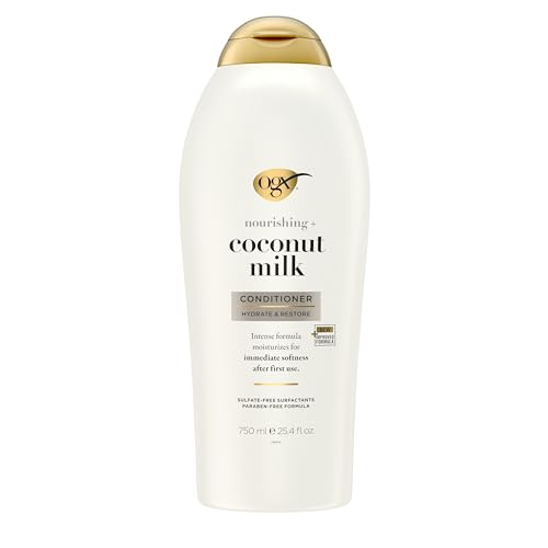 OGX Nourishing + Coconut Milk Moisturizing Conditioner for Strong & Healthy Hair, with Coconut Milk, Coconut Oil & Egg White Protein, Paraben-Free, Sulfate-Free Surfactants, 25.4 fl oz