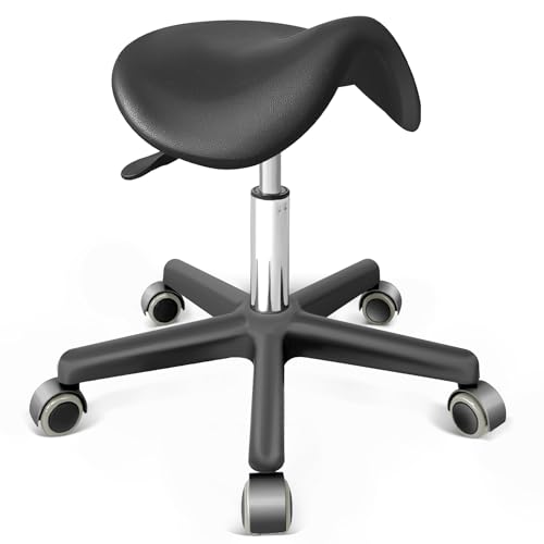Saddle Stool with Wheels - Anti-Static Ergonomic Adjustable Rolling Stool for Salon, Spa, Office & Home - 360¡Æ Swivel Hydraulic Chair, 330LB Capacity, Black