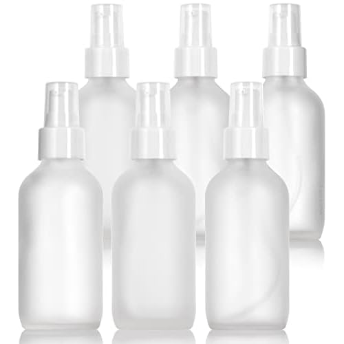 JUVITUS 4 oz / 120 ml Frosted Clear Glass Boston Round Bottle with White Treatment Pump BPA Free Refillable Empty Storage Containers (6 Pack)