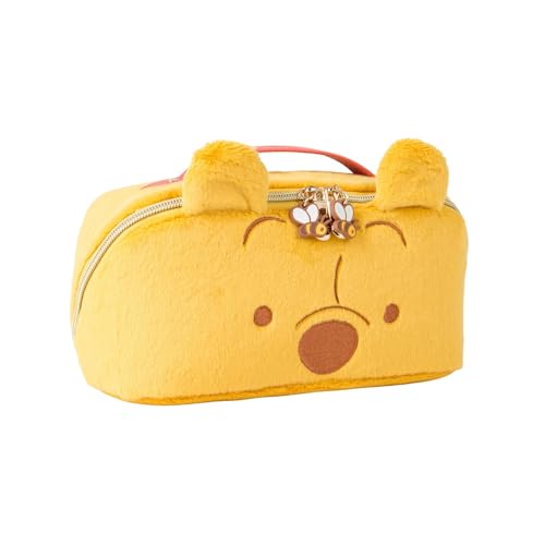 Impressions Vanity Winnie The Pooh Unfold Travel Makeup Bag with Embroidered Face Details, Middle Zipper Divider and Lined Interior, Gold Hardware Makeup Organizer, Travel Bag with Leather Top Handle