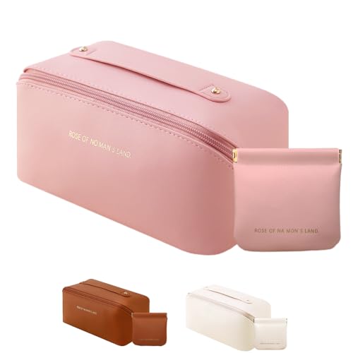 Makeup Bag Cosmetic Bag,Portable Pouch Open Flat Toiletry Bag Make up Organizer with Divider, Handle and small cosmetic bag Travel Essentials (Rouge)