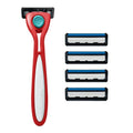 Preserve Shave 5 Five Blade Refillable Razor, Made from Recycled Materials, Poppy Red, with 4 Count Wave Replacement Cartridges for Unisex Use