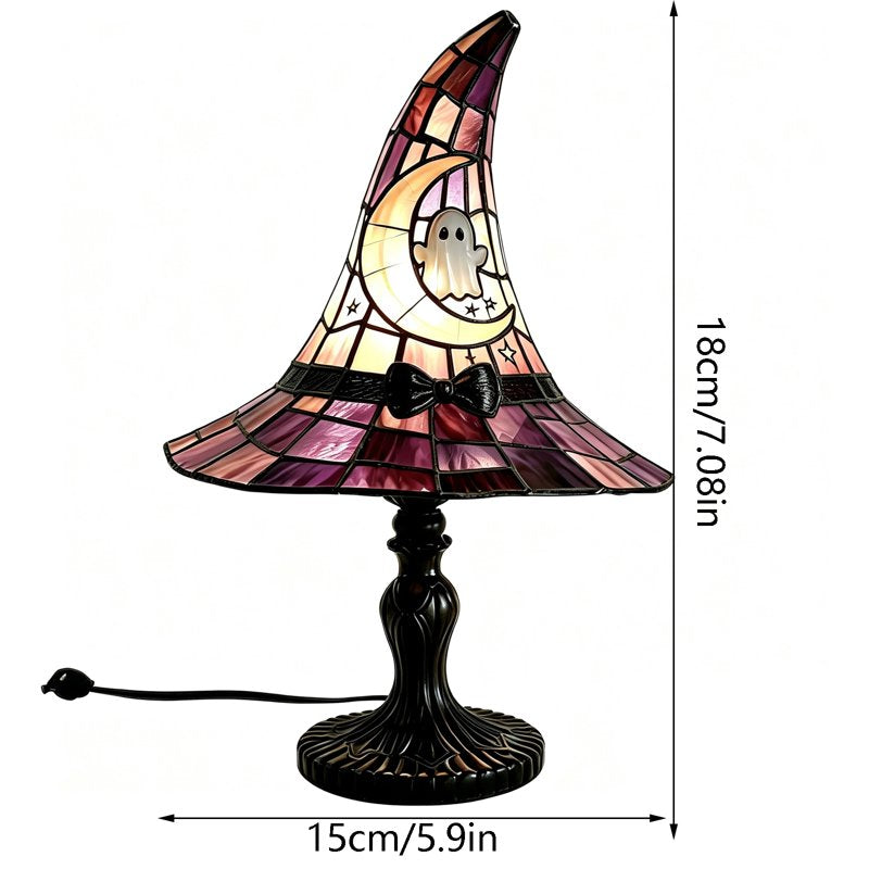Stained Glass Witch Hat Lamp - Halloween Table Decor with Pink Purple Ghost Moon - 7 Inch Tiffany Night Light