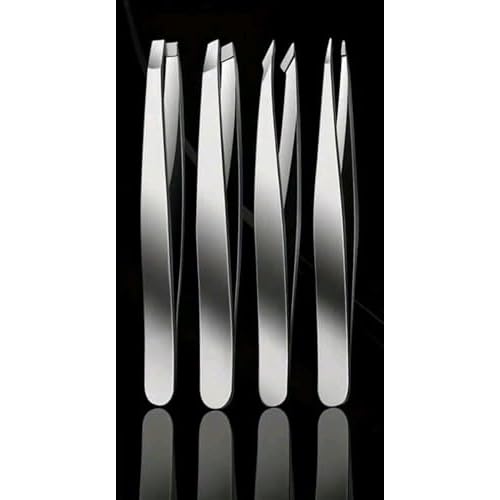 4-Piece Stainless Steel Tweezer Set - Tweezers for Eyebrows, Precision Tweezer Set for Women & Men - Ingrown Hair Tweezer, Long Lash & Eyelash Tweezers, Tweezers for Crafting (Silver)