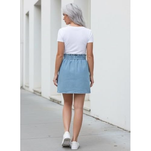 KANCY KOLE Women's Casual High Waist A Line Skirt Denim Skirt Elastic Waist Jean Short Skirt with Pockets