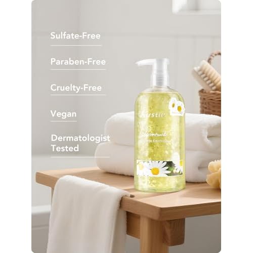 Kustie Chamomile Petal Body Wash with 972 Real Petals Floating in Clear Gel ? Calendula & Amino Acids ? Vegan, Sulfate-Free, Soothes & Moisturizes Sensitive Skin ? 24H Floral Scent, 24.3 fl oz