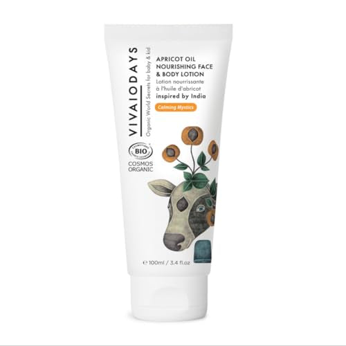 VIVAIODAYS Certified Organic Apricot Oil Nurishing Face & Body Lotion for Baby & Family, Gentle Hydration even for Sensitive Skin, 3.4 fl. oz.