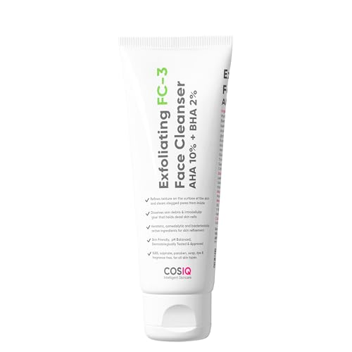 Cos-IQ Exfoliating Face Wash for Oily & Dry Skin | 2% Salicylic Acid BHA & 10% Glycolic Acid AHA | Sulphate-Free Anti-Acne Face Cleanser for Acne, Pimples, Skin Brightening, Dirt & Oil Control | 100ml