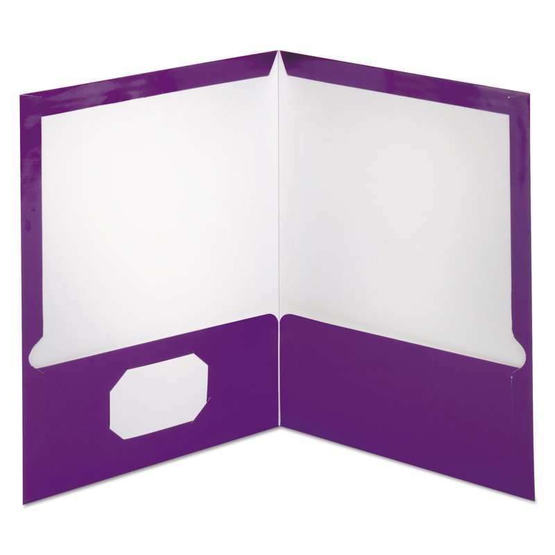 Purple Laminated Folder with Business Card Slot, 2-Pocket, 100 Sheets, 11 x 8.5, 25/Box