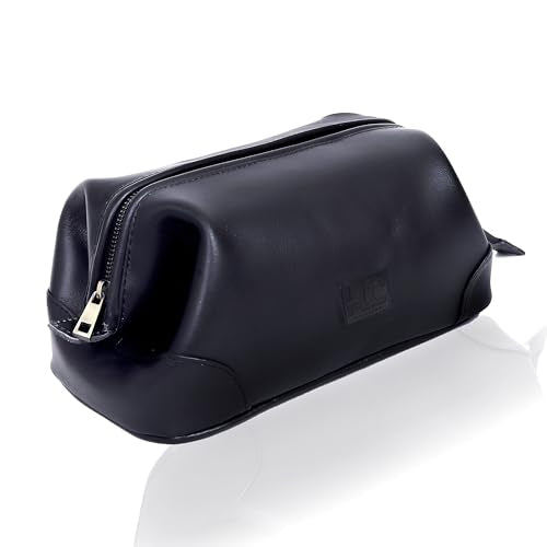 HLC Leather Toiletry Bag for Men Best Gift Premium Genuine Dopp Kit Shaving Kit Organizer Travel Kit Pouch Bag 10 inch Size (Black)