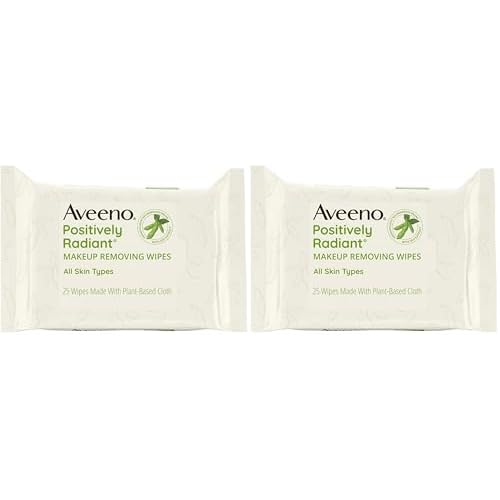 Aveeno Positively Radiant Makeup Remover Wipes, Gentle Individual Face Wipes with Moisture-rich Soy Extract to help leave your skin looking bright, Hypoallergenic Formula, Non-Comedogenic (Pack of 50)