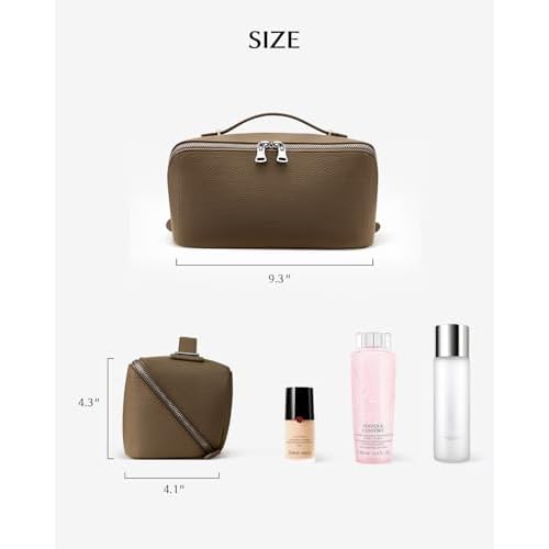 EACHY Travel Makeup Bag, Lychee Leather Large Capacity Cosmetic Bag for Women, Open Flat Toiletry Bag with TPU Brush Compartment, Waterproof Skincare Organizer Travel Essentials