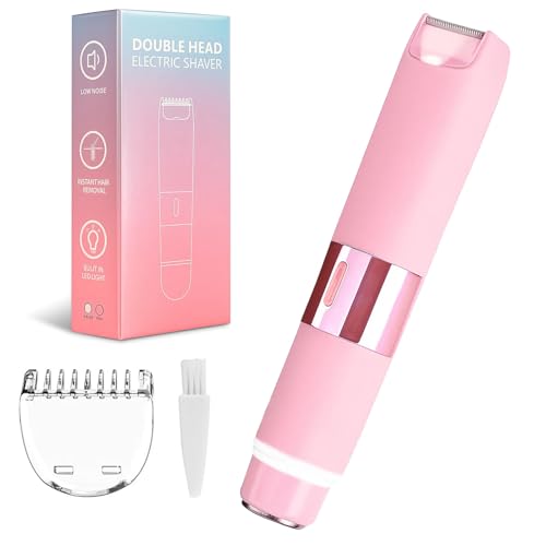 Bikini Trimmer for Women - 2 in 1 Painless Electric Razors for Women, IPX7 Waterproof Rechargeable LED Dual Head Electric Shaver for Lady Bikini Underarm, Body, Leg, Face Hair Remove (Light Pink)