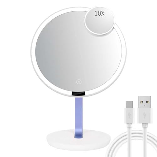 9.65-inch Lighting Makeup Mirror, 1x / 10x,Touch Control,3-Color Adjustable,Metal Stand,up and Down Adjustable Makeup Mirror, High Color Rendering, Eye-Protecting Light Source,Ultramarine