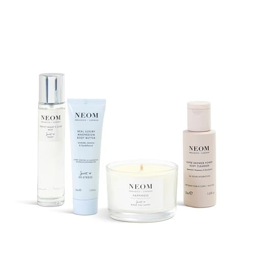 NEOM- Wellbeing Discovery Collection | Perfect Night's Sleep Pillow Mist, Happiness Travel Candle, Real Luxury Magnesium Body Butter & Super Shower Power Cleanser | Gift Set