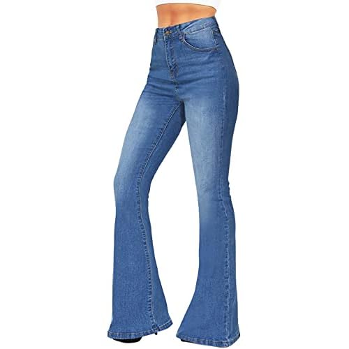 BISUAL Women's Fashion High Rise Jeans Slimming Wide Leg Stretch Denim Flare Bellbottom Jeans