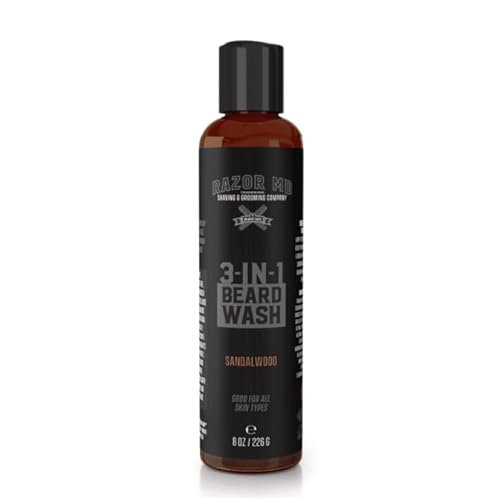 Razor MD Beard Wash for Men, 3-in-1 Beard Shampoo Conditioner and Nourishing, Men's Grooming with Natural Ingredients that Softens and Strengthens Beard, Sandalwood Scent, 8 oz