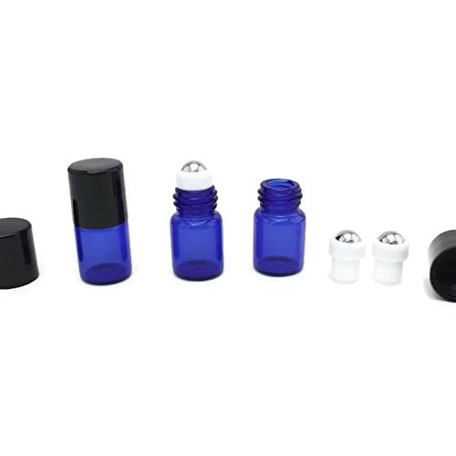 2ml COBALT BLUE Glass Vial/Bottle Micro Roller (144) w/Stainless Steel Roller Inserts and Flat Black Screw Caps - Pack of 144 each
