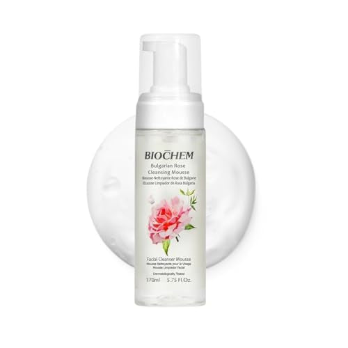 BIOCHEM Bulgarian Rose Foaming Face Wash, 3-in-1 Cleanser Mousse with Rose Oil, Vitamin C & Hyaluronic Acid, Hydrating Gentle Daily Cleanser for All Skin Types, Cruelty-Free (5.75 fl oz / 170 mL)