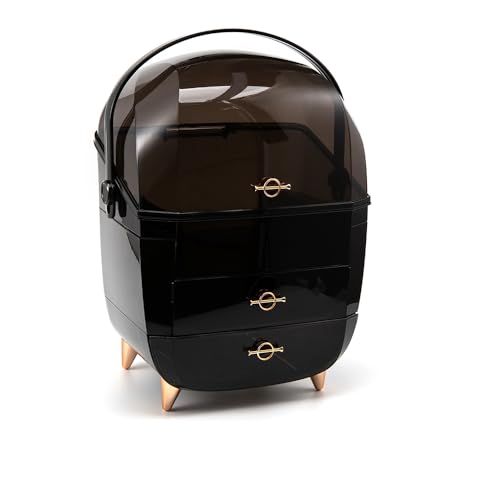 Makeup Organizer Skincare Organizers, Cosmetic Organizer Box for Countertop with Lid and Drawers, Make Up Storage Organizer with Waterproof & Dustproof Cover for Vanity Women Girls (Black)