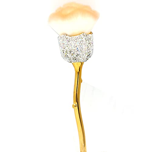 Bling Rhinestones Rose Shaped Powder Makeup Brush, Luxury Foundation Brush with Soft Bristles for Makeup Application (Silver)
