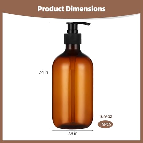 15 Pcs Amber Soap Dispenser - 16.9 oz Empty Plastic Pump Bottles, Refillable Shampoo Dispenser, Reusable Containers for Lotion, Body Wash & Dish Soap, Ideal for Bathroom, Kitchen & Travel Use