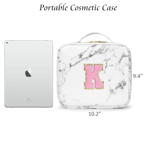 Initials Travel Makeup Train Case Birthday Mothers Day Gifts for Women, Personalized Makeup Box Organizer with Adjustable Dividers for Make up Brushes Toiletry Jewelry Digital Accessories, Marble, C.