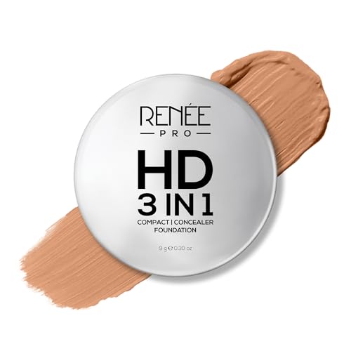RENEE Pro Hd 3-In-1 Compact-Miel,Works As Compact Powder,Concealer&Foundation For All Skin Types,Spf 20,Matte Finish,High Coverage,Ultralight&Silky Smooth Finish With Vitamin E,C&Aloe Vera,9 Gm,Beige